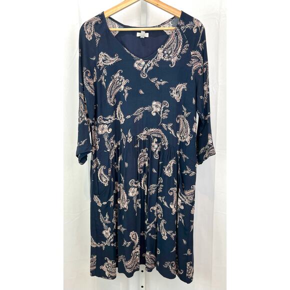 GARNET HILL Size 12 Paisley Bohemian Pocket Detail Dress Navy Blue - Picture 1 of 9